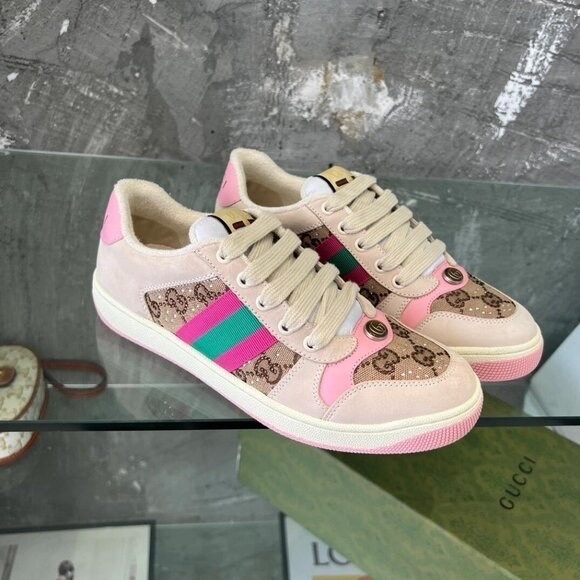 Gucci. Shoes - Gucci Pink Leather & Monogram Low-Top Sneakers with Green Stripe